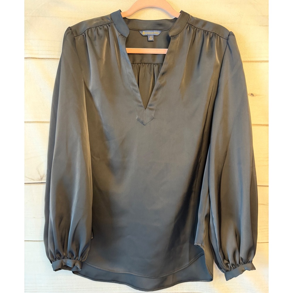 Brooks Brothers Black Satin V-Neck Blouse Long Sleeve Split Neck Top Size 12